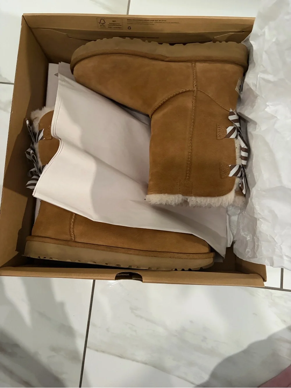 UGG Chestnut Suede Shearling Mid-Calf Boots with Ribbon Back